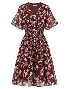 Aupuls Women's Casual Summer V Neck Floral Print Flared Dress Chiffon Boho Dress