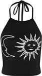 WearAll Women's Sun Moon Print Halter Neck Tied Crop Vest T-Shirt Top (Black White, 6-8(Large))