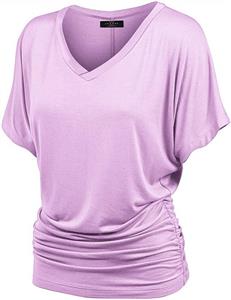 Made By Johnny MBJ Women's Solid Short Sleeve Boat Neck V Neck Dolman Top with Side Shirring-Made in U.S.A.