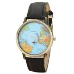 (InKach Women Global Travel by Plane World Map Dress Watch Denim Fabric Leather Band Wrist Watches (Black