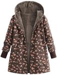 vermers Womens Vintage Plus Size Fleece Thick Hooded Coats, Women Casual Printed Long Sleeve Buckle Coat