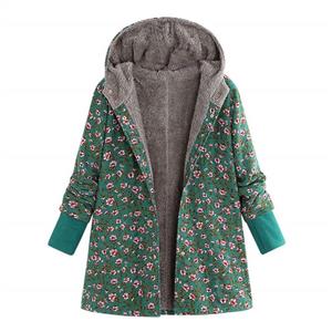 vermers Womens Vintage Plus Size Fleece Thick Hooded Coats, Women Casual Printed Long Sleeve Buckle Coat 