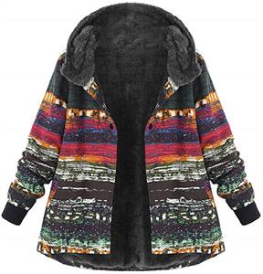 vermers Womens Vintage Plus Size Fleece Thick Hooded Coats, Women Casual Printed Long Sleeve Buckle Coat 