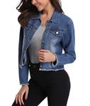 MISS MOLY Jean Jacket Women’s Frayed Washed Button Up Cropped Denim Jacket w 2 Side Pockets