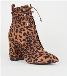 نیم بوت زنانه نیولوک انگلستان Brown Leopard Print Pointed Block Heel Lace Up Boots 