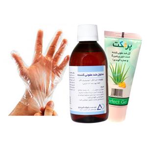 پک محلول البرز دارو به همراه ژل پرفکت 100 میلی لیتری و 5 عدد دستکش نایلونی یکبار مصرف 30 جفت
