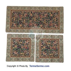 رومیزی ترمه 3 تکه ابریشم طرح شکارگاه رنگ سورمه ای