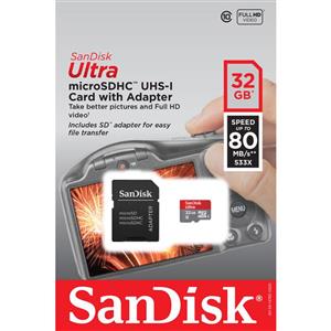 کارت حافظه سن دیسک مدل اولترا کلاس 10 همراه با آداپتور ظرفیت 32 گیگابایت SanDisk Ultra UHS-I U1 Class 10 80MB/S microSDHC 32GB