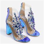 کفش Tatum Jewel برند Ego مدل Tatum Jewel Embellished Block Heel In Blue Holographic Snake Print Faux Leather