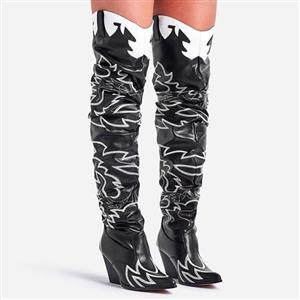 Kelsie embroidered western thigh high sales long boot in black faux leather