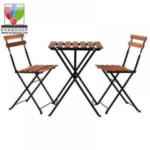 میز و صندلی و نیمکت 4 نفره چوبی و تاشو  ابعاد میز 60 در 90 و ابعاد نیمکت 30 در 90نشیمن صندلیها حدود 45 و بیشتر