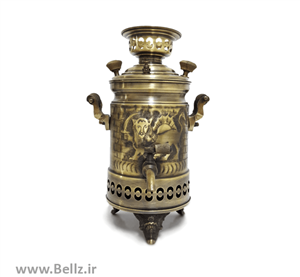 سماور ذغالی ۱ لیتری برنجی - قلم دست - شیر و خورشید - درجه ۱ - قابل استفاده