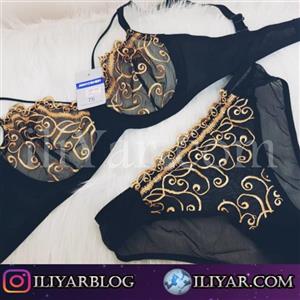 ست شورت و سوتین مشکی طلایی توری کد 54