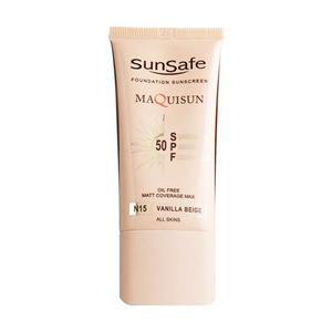 کرم ضد آفتاب سان سیف spf 50 پودری و پرایمری بژ وانیلی N15 مکیسان Sunsafe Fundation SunScreen Maquisun Spf50 (Vanilla Beige) 