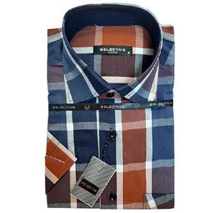 پیراهن ترک چهار خانه درشت نارنجی آبی مدل اسلیم فیت