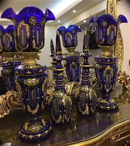 مجموعه چراغ لاله و تنگ سه پوست تراش دار و تمام نقاشی دست ارتفاع ۶۰ سانت  فوق العاده زیبا و کم یاب