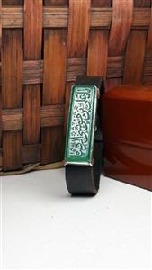 دستبند مردانه چرمی عقیق سبز خطی کد 91
