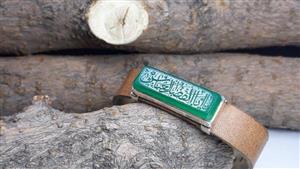 دستبند چرمی مردانه عقیق سبز خطی قاب دست ساز کد 366