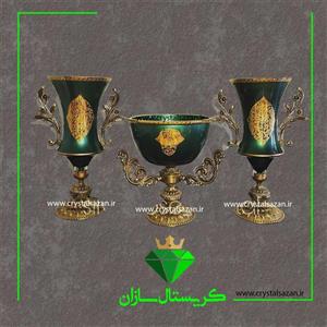 سه تیکه گلدان و میوه خوری مدل طلا برجسته سبز رنگ کریستال سازان کد CS1286