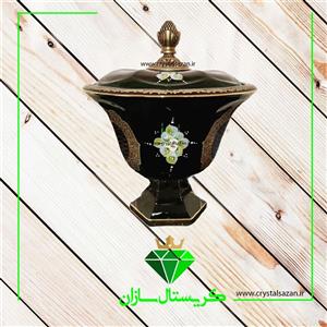 شکلات خوری بزرگ درب دار مدل گل چک سبز رنگ کریستال سازان کد K1294-1 