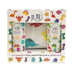 پک کودک شامل کرم سوختگی، لوسیون بدن و هدیه حوله مخصوص کودک ژوت Jute Kids Pack