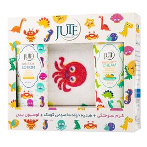 پک کودک شامل کرم سوختگی، لوسیون بدن و هدیه حوله مخصوص کودک ژوت Jute Kids Pack