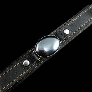 دستبند نقره چرم طبیعی طرح دولایه مشکی زنانه و مردانه با نگین حدید صینی + حکاکی 