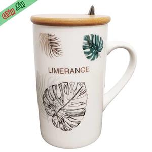 ماگ سرامیکی درب بامبو طرح برگ سبز کد 02