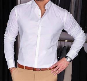 پیراهن سفید پوپلین کش دکمه مخفی پولو کد ۴۳۰۰