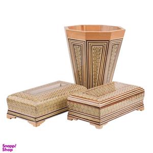 ست جعبه دستمال کاغذی و جاکاردی و سطل خاتم کاری هنرلوکس کد tp3
