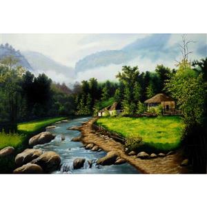 تابلو شاسی طرح نقاشی منظره جنگل درخت رودخانه مدل T1098