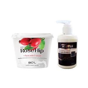 کرم آبرسان و مرطوب کننده تلما مدل خاویار حجم 200 میلی لیتر به همراه کرم مرطوب کننده بیول مدل Rose Hip حجم 250 میلی لیتر