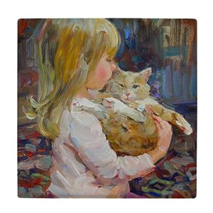 کاشی کارنیلا طرح نقاشی دختر بچه و گربه کد wkk3577 