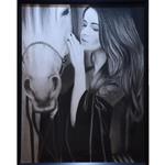 تابلو نقاشی سیاه قلم  طرح دختر جوان و اسب