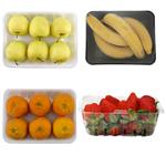 سیب زرد - 1 کیلوگرم و پرتقال تامسون - 1 کیلوگرم و موز - 1 کیلوگرم به همراه توت فرنگی گلخانه ای - 500 گرم