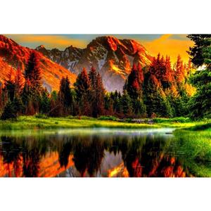 تابلو شاسی طرح نقاشی منظره بهار درخت جنگل رودخانه کوه مدل T1102