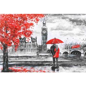 تابلو شاسی طرح خیابان لندن رودخانه و اتوبوس روی پل برج ساعت بیگ بن زن و مرد زیر چتر قرمز مدل T1012