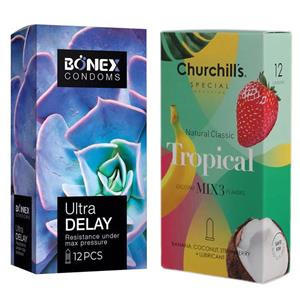 کاندوم چرچیلز مدل Tropical بسته 12 عددی به همراه کاندوم بونکس مدل Ultra Delay بسته 12 عددی