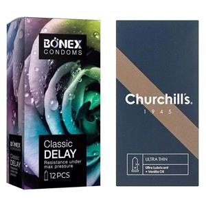 کاندوم چرچیلز مدل Ultra Thin بسته 12 عددی به همراه کاندوم بونکس مدل Classic Delay بسته 12 عددی