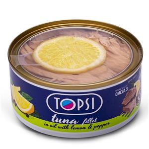 کنسرو ماهی فیله تن با طعم لیمو و فلفل درب شفاف تاپسی 180 گرم 