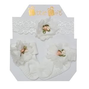 ست هدبند و جوراب نوزادی مدل گل رنگ سفید