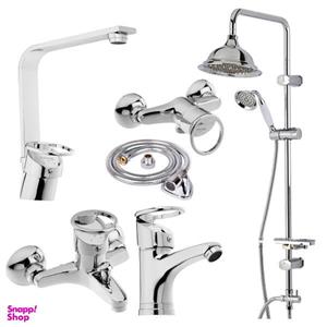 ست شیرآلات فراست پویا مدل النگویی مجموعه 4 عددی به همراه علم دوش حمام شیپوری و شلنگ توالت