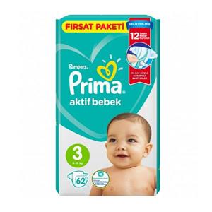 پوشک کودک پریما مدل Aktif bebek سایز 3 بسته 62 عددی 