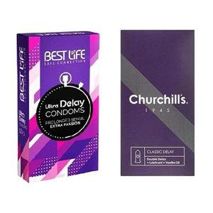 کاندوم چرچیلز مدل Hot Gel بسته 12 عددی به همراه کاندوم بست لایف مدل Ultra Delay بسته 12 عددی