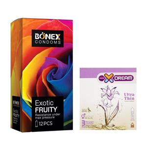 کاندوم بونکس مدل Exotic Fruity بسته 12 عددی به همراه کاندوم ایکس دریم مدل Ultra Thin بسته 3 عددی