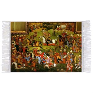 فرش ماشینی دیوارکوب اطلس آبی طرح نقاشی قهوه خانه ای بزم مدل T1097