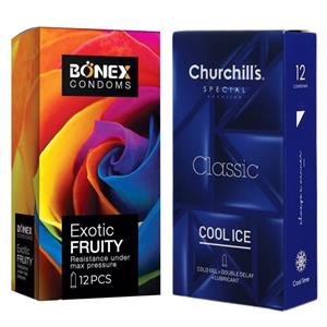 کاندوم چرچیلز مدل Cool Ice بسته 12 عددی به همراه کاندوم بونکس مدل Exotic Fruity بسته 12 عددی