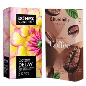 کاندوم چرچیلز مدل coffee بسته 12 عددی به همراه کاندوم بونکس مدل Dotted Delay بسته 12 عددی