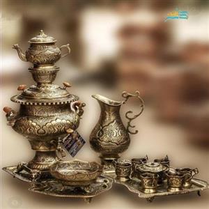 سرویس سماور 4 لیتری برنجی و چایخوری ریز قلم آنتیک شده