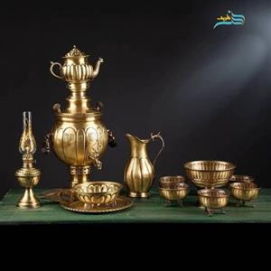 سرویس سماور زغالی برنجی آنتیک شده ٣ لیتری دسته خواب